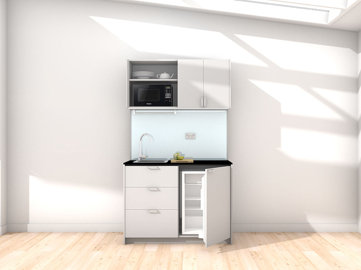 Charlie - 1.2m Compact Wall Unit Kitchenette. Displayed with 'Frost Grey' Cabinetry, 'Black' Benchtop, and 'Sheer Bliss White' Splashback