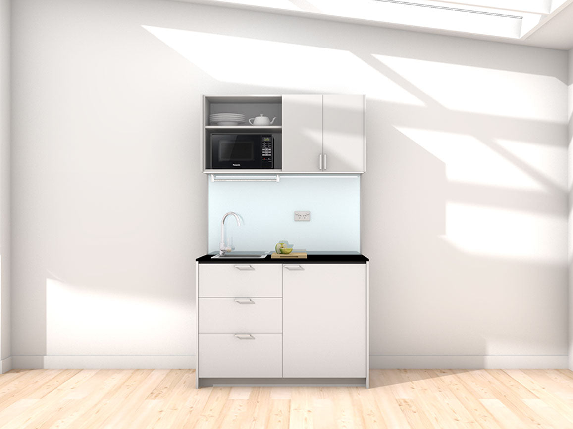 Charlie - 1.2m Compact Wall Unit Kitchenette. Displayed with 'Frost Grey' Cabinetry, 'Black' Benchtop, and 'Sheer Bliss White' Splashback