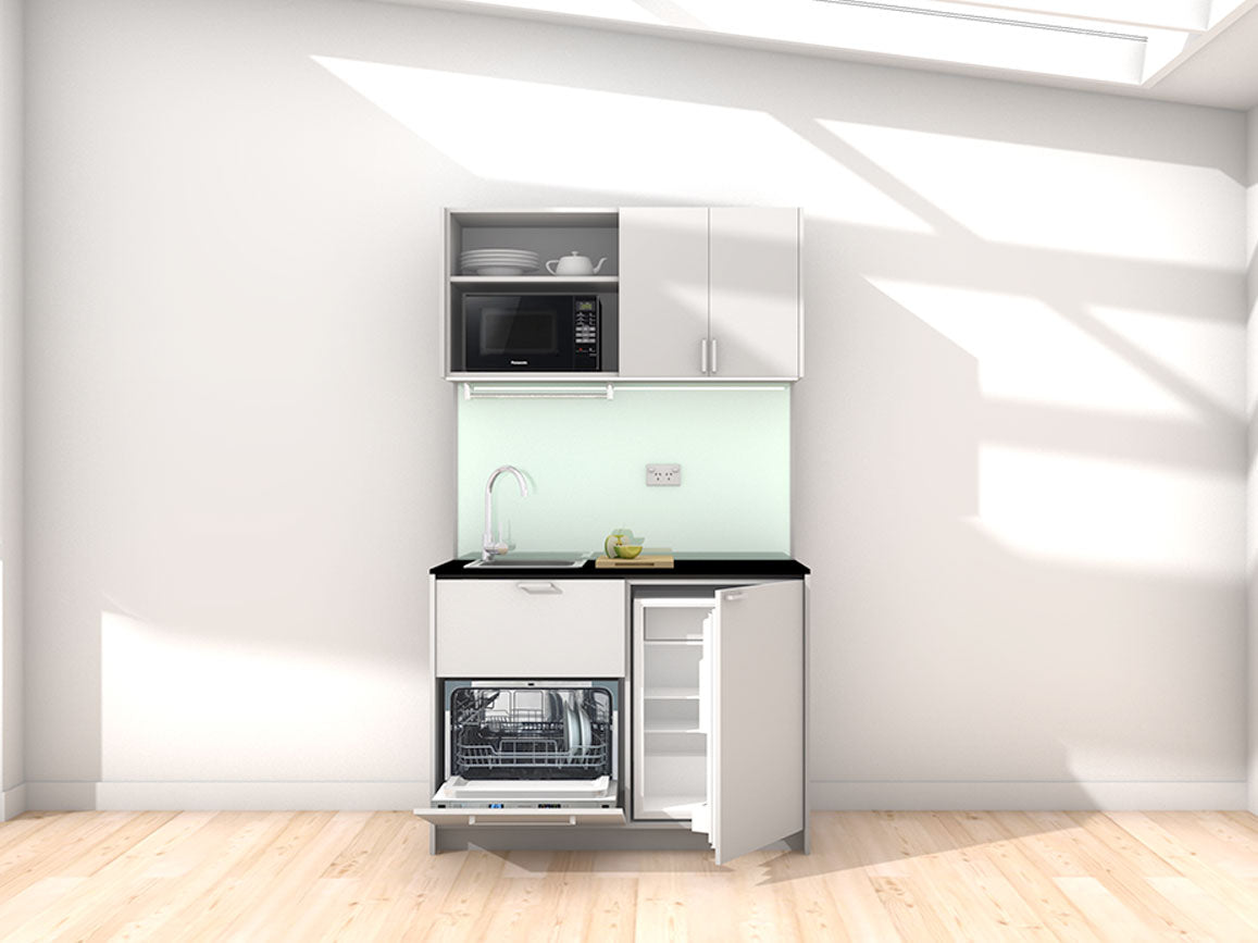Erica - 1.2m Compact Wall Unit Kitchenette. Displayed with 'Frost Grey' Cabinetry, 'Black' Benchtop, and 'Mint' Splashback