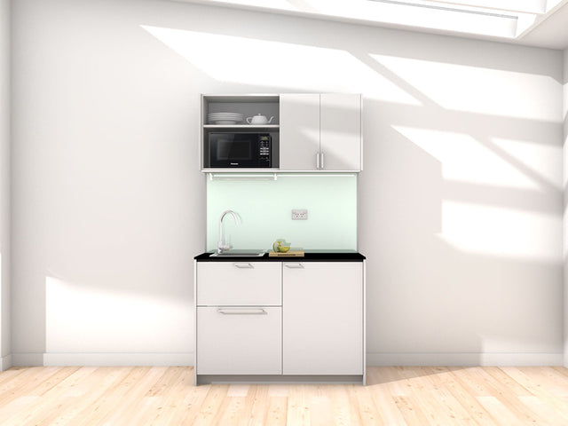Erica - 1.2m Compact Wall Unit Kitchenette. Displayed with 'Frost Grey' Cabinetry, 'Black' Benchtop, and 'Mint' Splashback