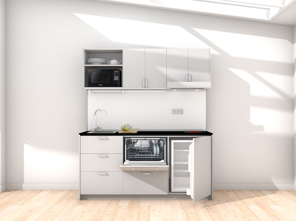 New York - 1.8m Regular Wall Unit Kitchenette. Displayed with 'Frost Grey' Cabinetry, 'Black' Benchtop, and 'Sheer Bliss White' Splashback