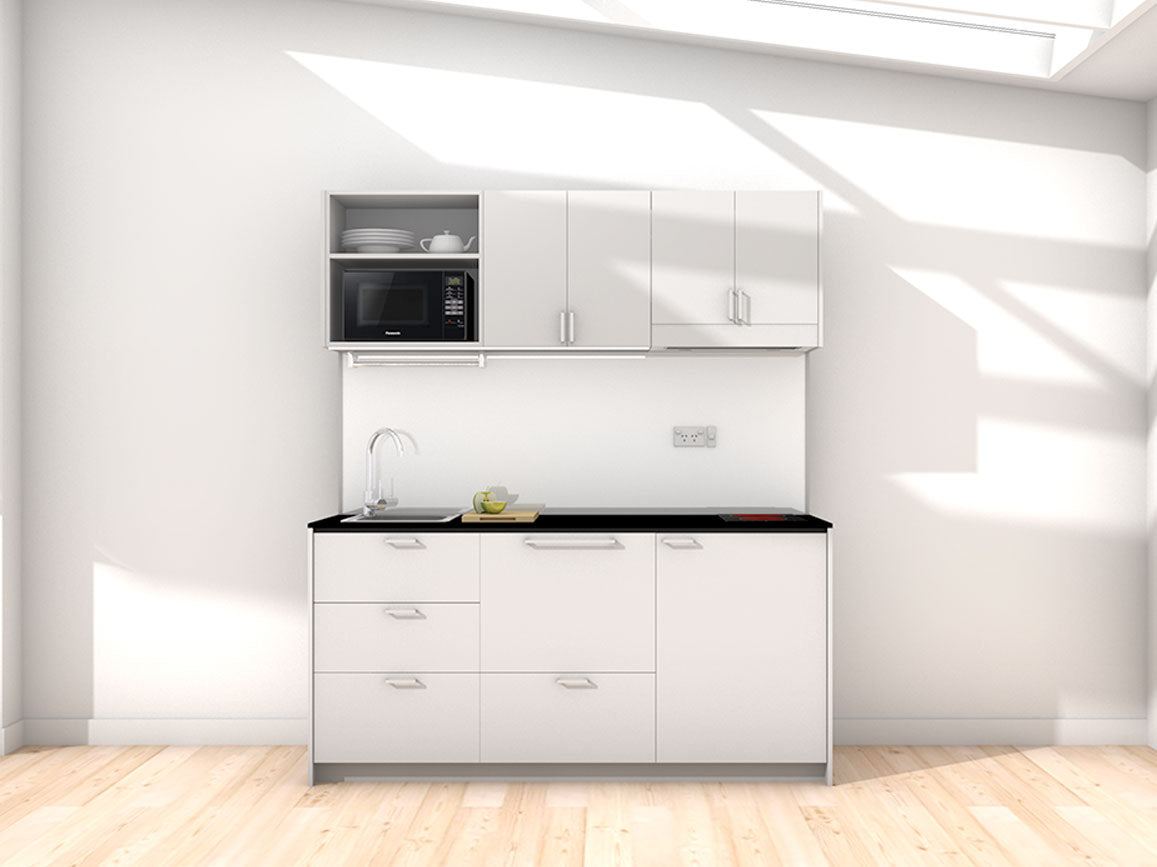 New York - 1.8m Regular Wall Unit Kitchenette. Displayed with 'Frost Grey' Cabinetry, 'Black' Benchtop, and 'Sheer Bliss White' Splashback