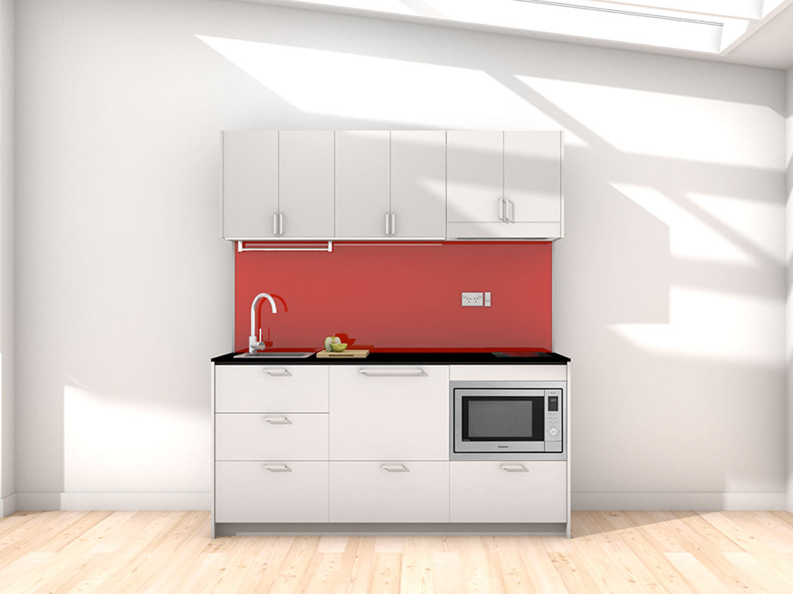 London - 1.8m Regular Wall Unit Kitchenette. Displayed with 'Frost Grey' Cabinetry, 'Black' Benchtop, and 'Stiletto' Splashback