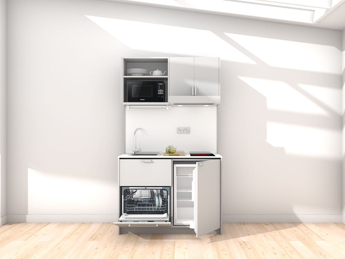 Georgia - 1.2m Compact Wall Unit Kitchenette. Displayed with 'Frost Grey' Cabinetry, 'Style White' Benchtop, and 'Sheer Bliss White' Splashback