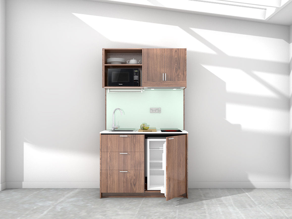 Vesper - 1.2m Compact Wall Unit Kitchenette. Displayed with 'Hickory Walnut' Cabinetry, 'Style White' Benchtop, and 'Mint' Splashback
