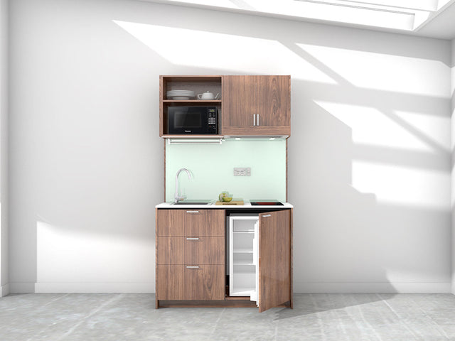 Vesper - 1.2m Compact Wall Unit Kitchenette. Displayed with 'Hickory Walnut' Cabinetry, 'Style White' Benchtop, and 'Mint' Splashback