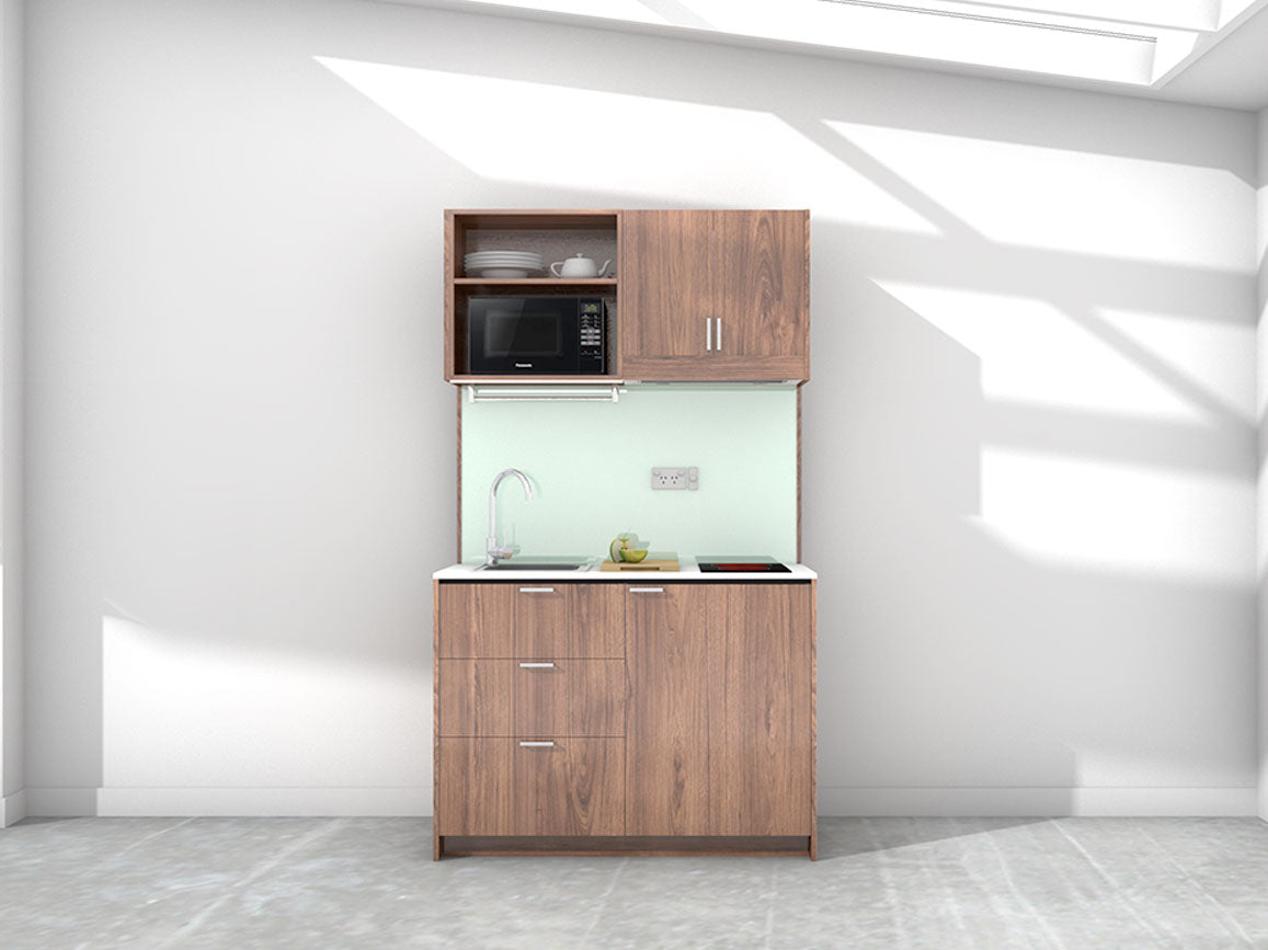 Vesper - 1.2m Compact Wall Unit Kitchenette. Displayed with 'Hickory Walnut' Cabinetry, 'Style White' Benchtop, and 'Mint' Splashback