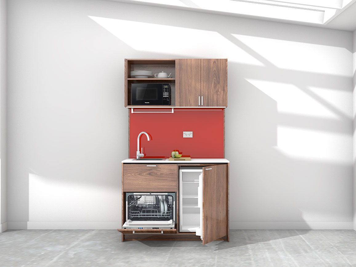 Erica - 1.2m Compact Wall Unit Kitchenette. Displayed with 'Hickory Walnut' Cabinetry, 'Style White' Benchtop, and 'Stiletto' Splashback