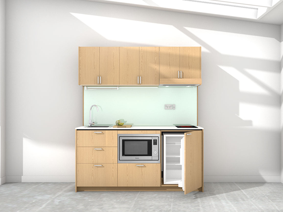 Athens - 1.8m Regular Wall Unit Kitchenette. Displayed with 'Premium Oak' Cabinetry, 'Style White' Benchtop, and 'Mint' Splashback