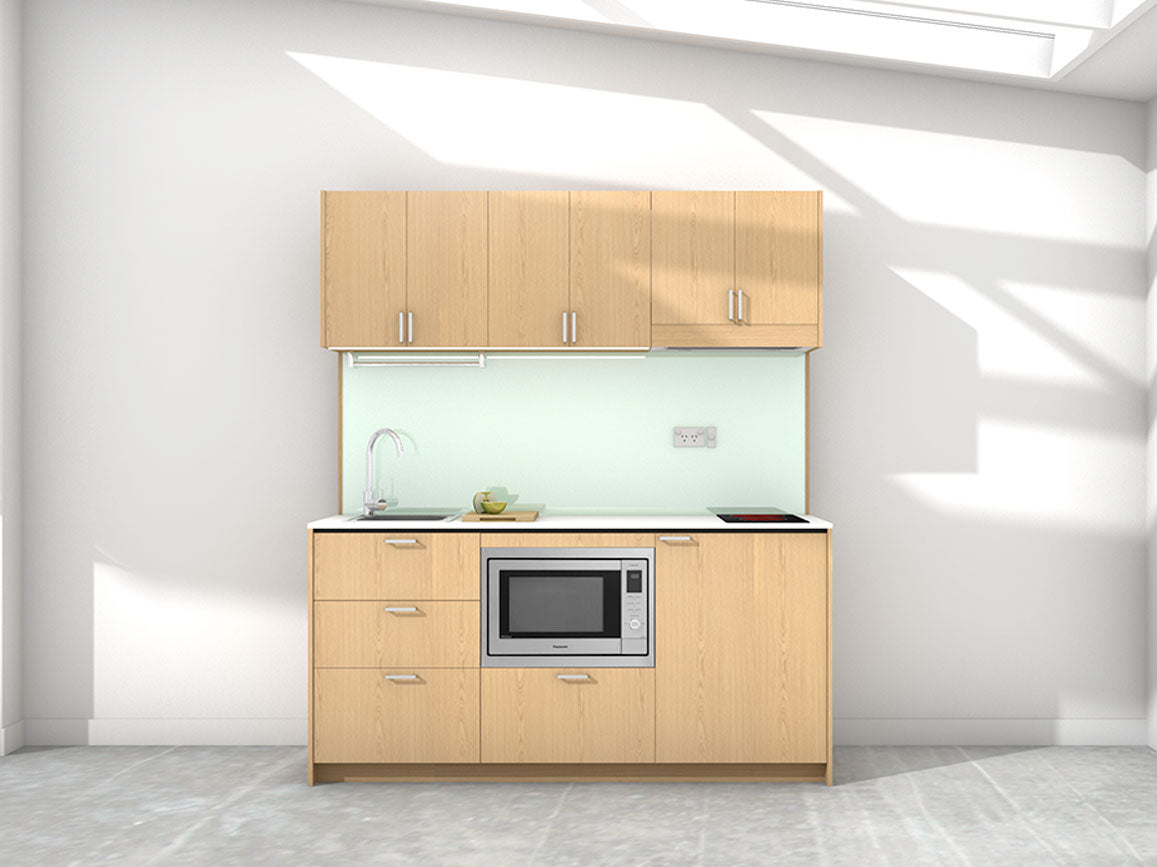Athens - 1.8m Regular Wall Unit Kitchenette. Displayed with 'Premium Oak' Cabinetry, 'Style White' Benchtop, and 'Mint' Splashback