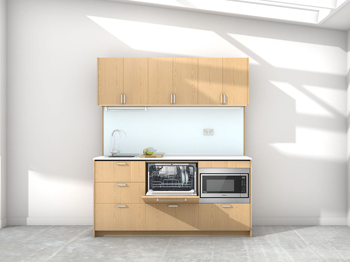 Malta - 1.8m Regular Wall Unit Kitchenette. Displayed with 'Premium Oak' Cabinetry, 'Style White' Benchtop, and 'Sheer Bliss White' Splashback