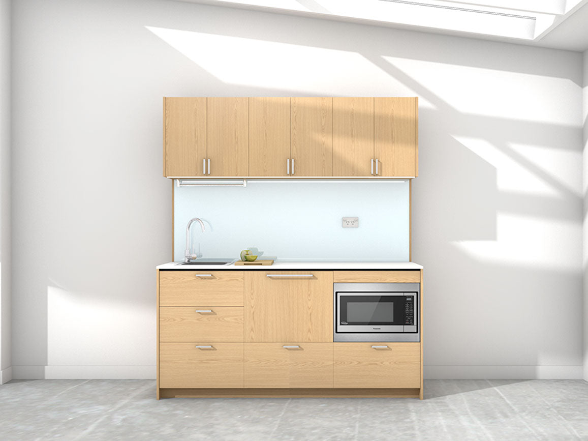 Malta - 1.8m Regular Wall Unit Kitchenette. Displayed with 'Premium Oak' Cabinetry, 'Style White' Benchtop, and 'Sheer Bliss White' Splashback