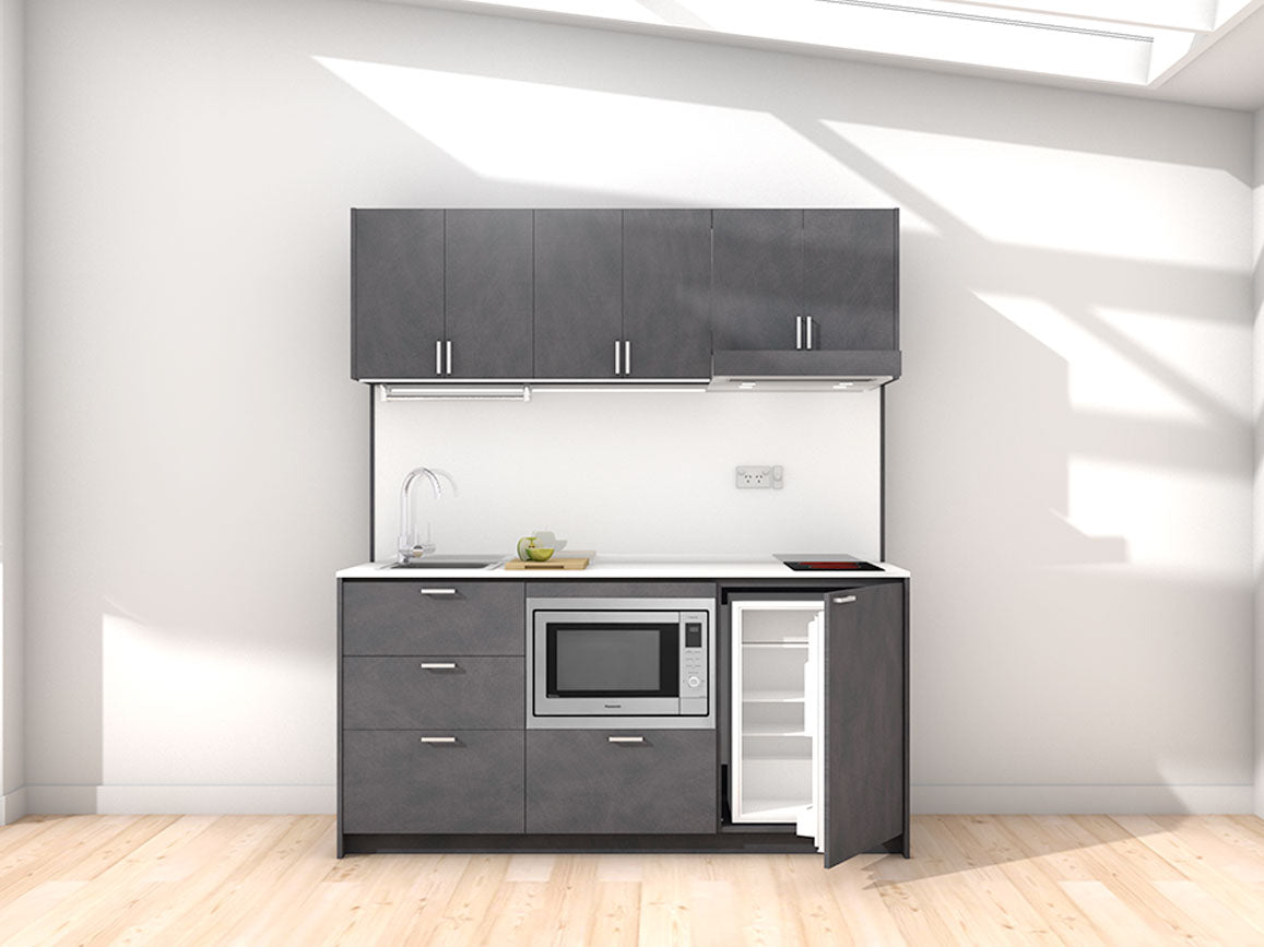 Athens - 1.8m Regular Wall Unit Kitchenette. Displayed with 'Slate' Cabinetry, 'Style White' Benchtop, and 'Sheer Bliss White' Splashback