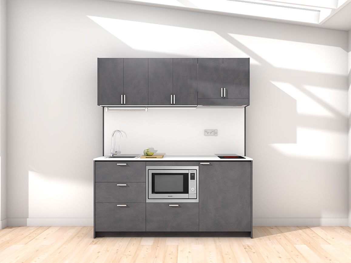 Athens - 1.8m Regular Wall Unit Kitchenette. Displayed with 'Slate' Cabinetry, 'Style White' Benchtop, and 'Sheer Bliss White' Splashback