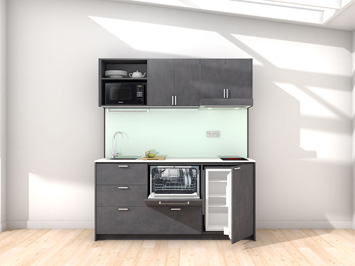 New York - 1.8m Regular Wall Unit Kitchenette. Displayed with 'Slate' Cabinetry, 'Style White' Benchtop, and 'Mint' Splashback