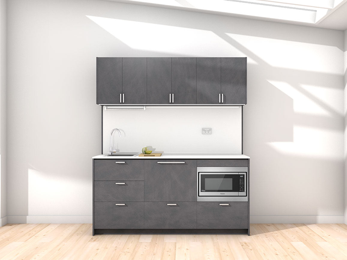 Malta - 1.8m Regular Wall Unit Kitchenette. Displayed with 'Slate' Cabinetry, 'Style White' Benchtop, and 'Sheer Bliss White' Splashback