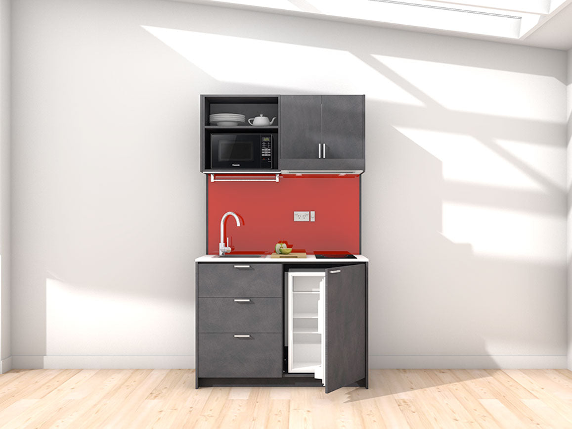 Vesper - 1.2m Compact Wall Unit Kitchenette. Displayed with 'Slate' Cabinetry, 'Style White' Benchtop, and 'Stiletto' Splashback