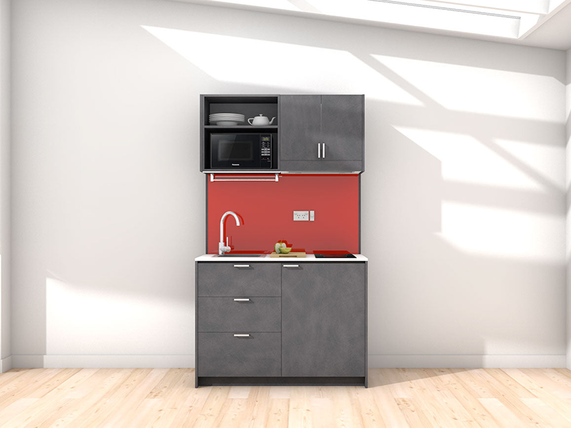 Vesper - 1.2m Compact Wall Unit Kitchenette. Displayed with 'Slate' Cabinetry, 'Style White' Benchtop, and 'Stiletto' Splashback