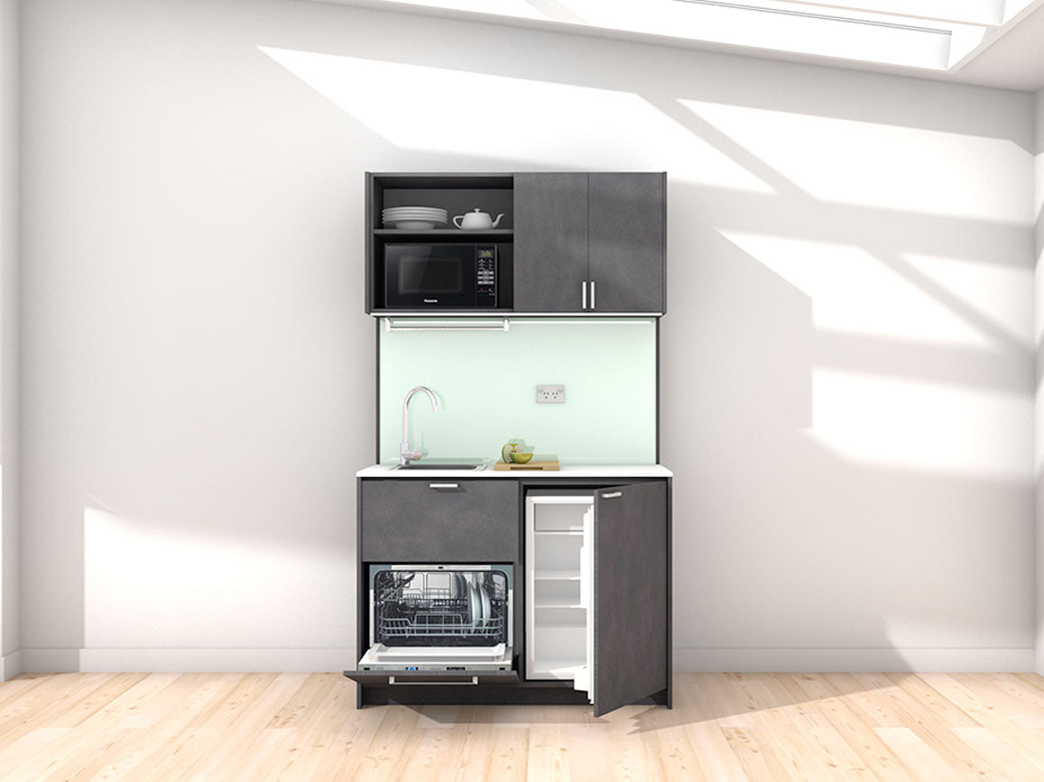 Erica - 1.2m Compact Wall Unit Kitchenette. Displayed with 'Slate' Cabinetry, 'Style White' Benchtop, and 'Mint' Splashback