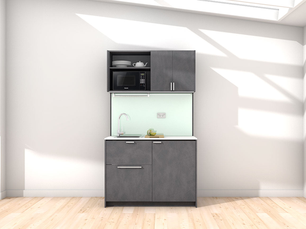 Erica - 1.2m Compact Wall Unit Kitchenette. Displayed with 'Slate' Cabinetry, 'Style White' Benchtop, and 'Mint' Splashback