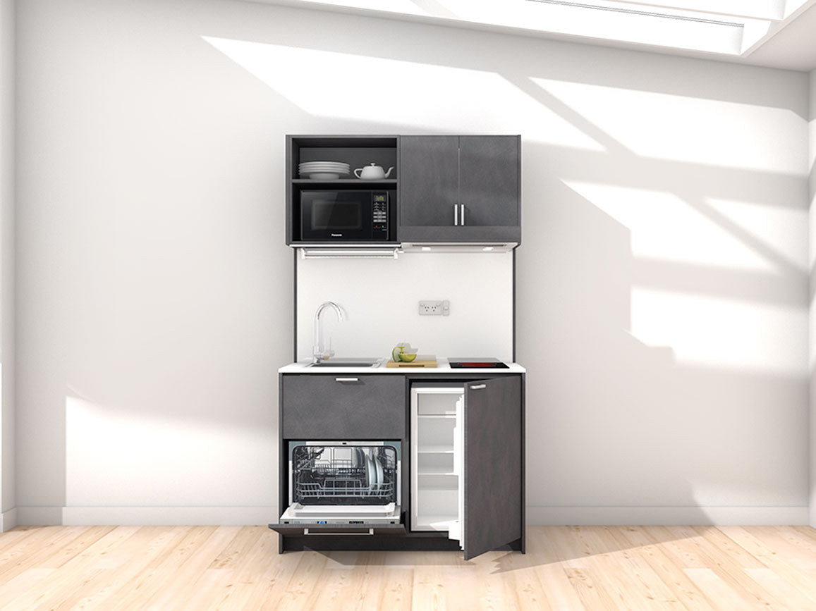 Georgia - 1.2m Compact Wall Unit Kitchenette. Displayed with 'Slate' Cabinetry, 'Style White' Benchtop, and 'Sheer Bliss White' Splashback