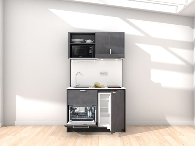 Georgia - 1.2m Compact Wall Unit Kitchenette. Displayed with 'Slate' Cabinetry, 'Style White' Benchtop, and 'Sheer Bliss White' Splashback