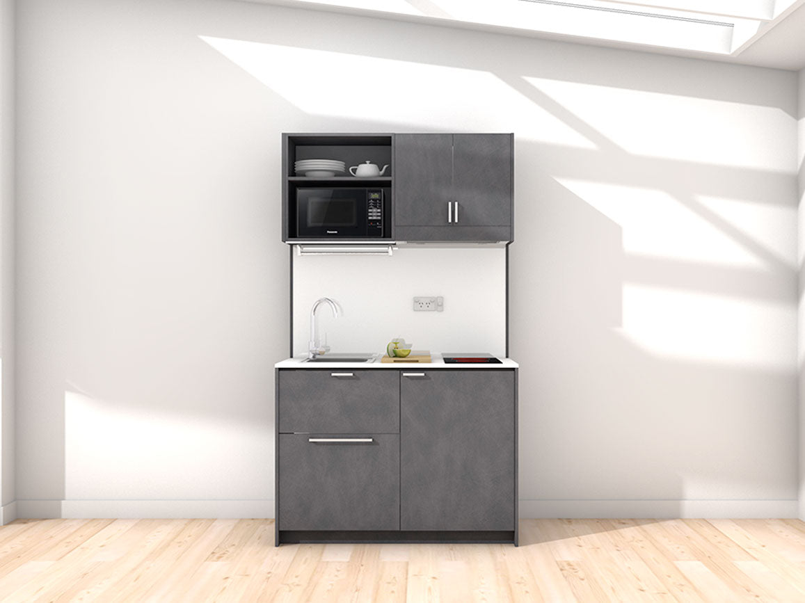Georgia - 1.2m Compact Wall Unit Kitchenette. Displayed with 'Slate' Cabinetry, 'Style White' Benchtop, and 'Sheer Bliss White' Splashback