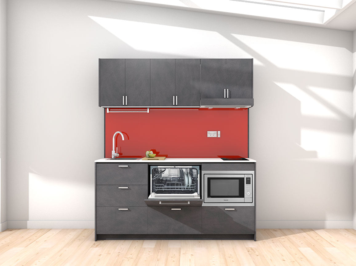 London - 1.8m Regular Wall Unit Kitchenette. Displayed with 'Slate' Cabinetry, 'Style White' Benchtop, and 'Stiletto' Splashback