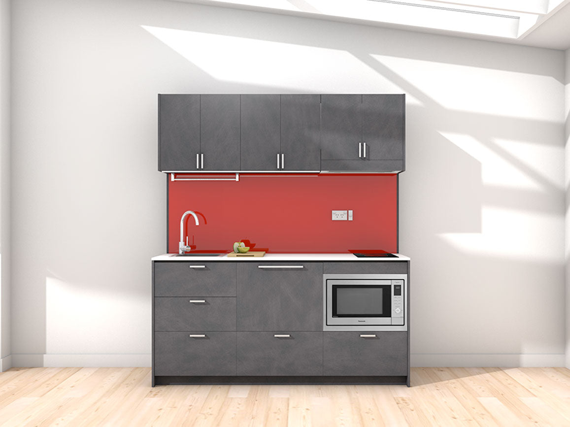 London - 1.8m Regular Wall Unit Kitchenette. Displayed with 'Slate' Cabinetry, 'Style White' Benchtop, and 'Stiletto' Splashback