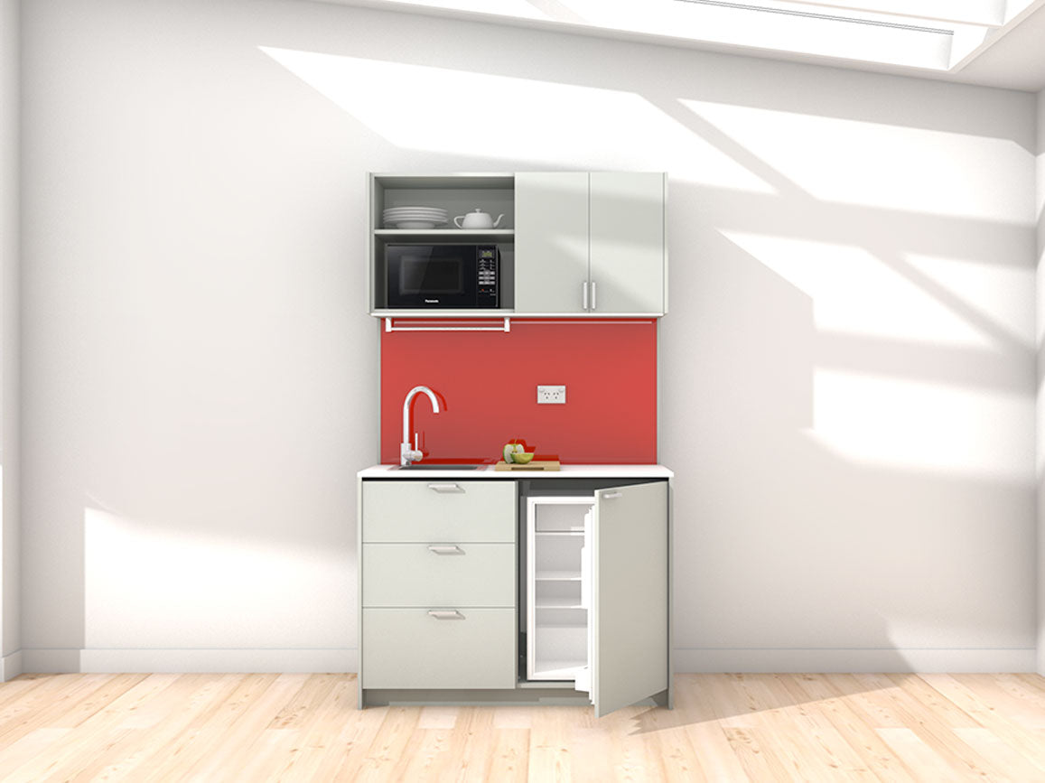 Charlie - 1.2m Compact Wall Unit Kitchenette. Displayed with 'Triple Duck Egg' Cabinetry, 'Style White' Benchtop, and 'Stiletto' Splashback