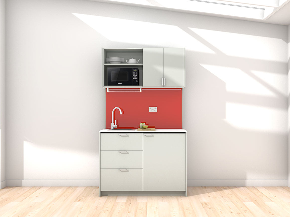 Charlie - 1.2m Compact Wall Unit Kitchenette. Displayed with 'Triple Duck Egg' Cabinetry, 'Style White' Benchtop, and 'Stiletto' Splashback