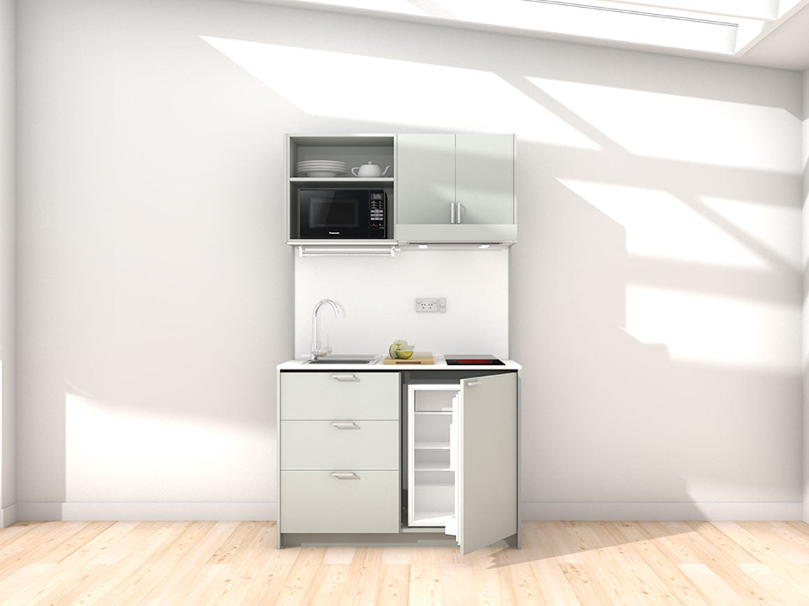 Vesper - 1.2m Compact Wall Unit Kitchenette. Displayed with 'Triple Duck Egg' Cabinetry, 'Style White' Benchtop, and 'Sheer Bliss White' Splashback