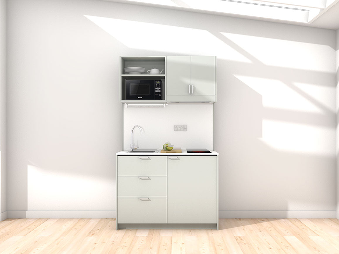 Vesper - 1.2m Compact Wall Unit Kitchenette. Displayed with 'Triple Duck Egg' Cabinetry, 'Style White' Benchtop, and 'Sheer Bliss White' Splashback