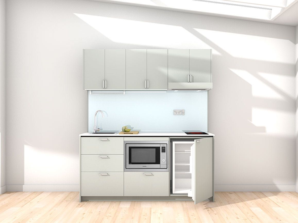 Athens - 1.8m Regular Wall Unit Kitchenette. Displayed with 'Triple Duck Egg' Cabinetry, 'Style White' Benchtop, and 'Sheer Bliss White' Splashback