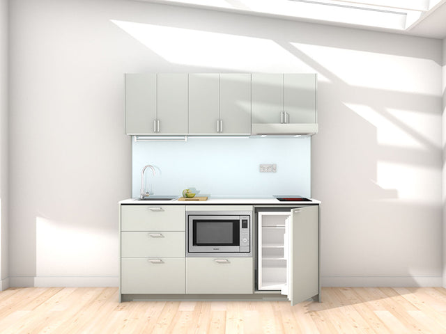 Athens - 1.8m Regular Wall Unit Kitchenette. Displayed with 'Triple Duck Egg' Cabinetry, 'Style White' Benchtop, and 'Sheer Bliss White' Splashback
