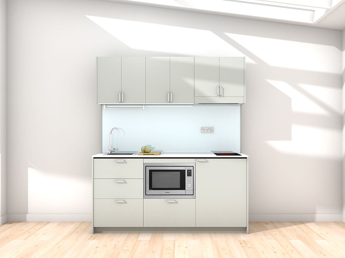 Athens - 1.8m Regular Wall Unit Kitchenette. Displayed with 'Triple Duck Egg' Cabinetry, 'Style White' Benchtop, and 'Sheer Bliss White' Splashback