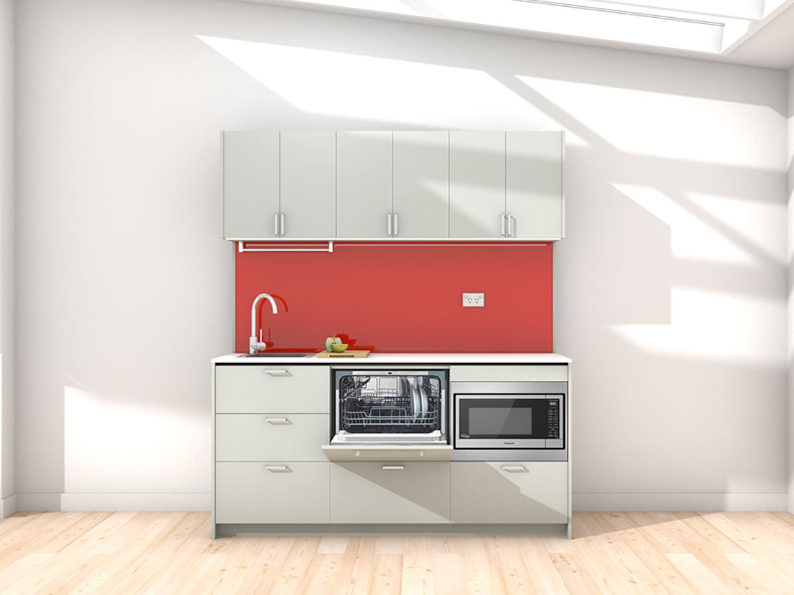 Malta - 1.8m Regular Wall Unit Kitchenette. Displayed with 'Triple Duck Egg' Cabinetry, 'Style White' Benchtop, and 'Stiletto' Splashback