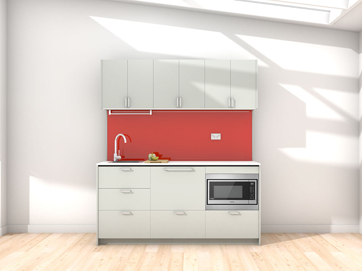 Malta - 1.8m Regular Wall Unit Kitchenette. Displayed with 'Triple Duck Egg' Cabinetry, 'Style White' Benchtop, and 'Stiletto' Splashback