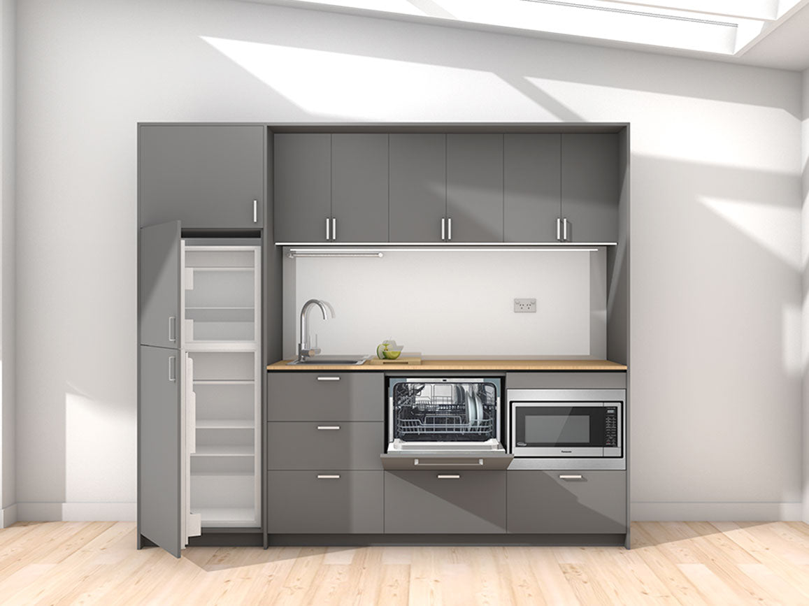 Ariki - 2.45m Extended Wall Unit Kitchenette. Displayed with 'Anthracite' Cabinetry, 'Premium Oak' Benchtop, and 'Sheer Bliss White' Splashback