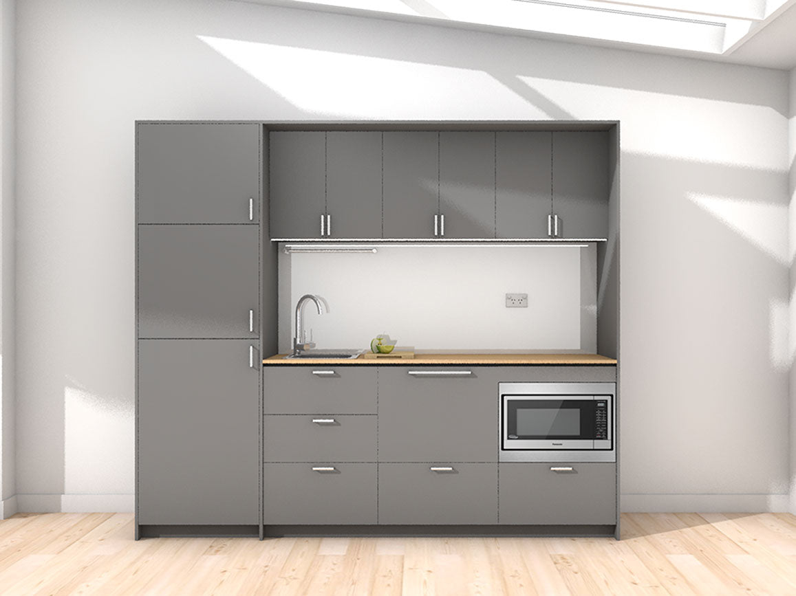 Ariki - 2.45m Extended Wall Unit Kitchenette. Displayed with 'Anthracite' Cabinetry, 'Premium Oak' Benchtop, and 'Sheer Bliss White' Splashback