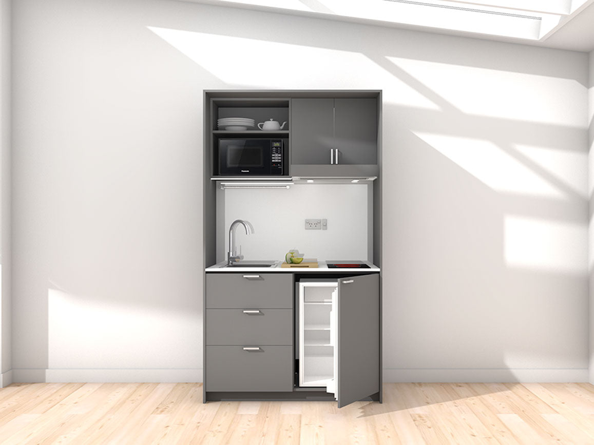Blair - 1.2m Compact Wall Unit Kitchenette. Displayed with 'Anthracite' Cabinetry, 'Style White' Benchtop, and 'Whisper Grey' Splashback