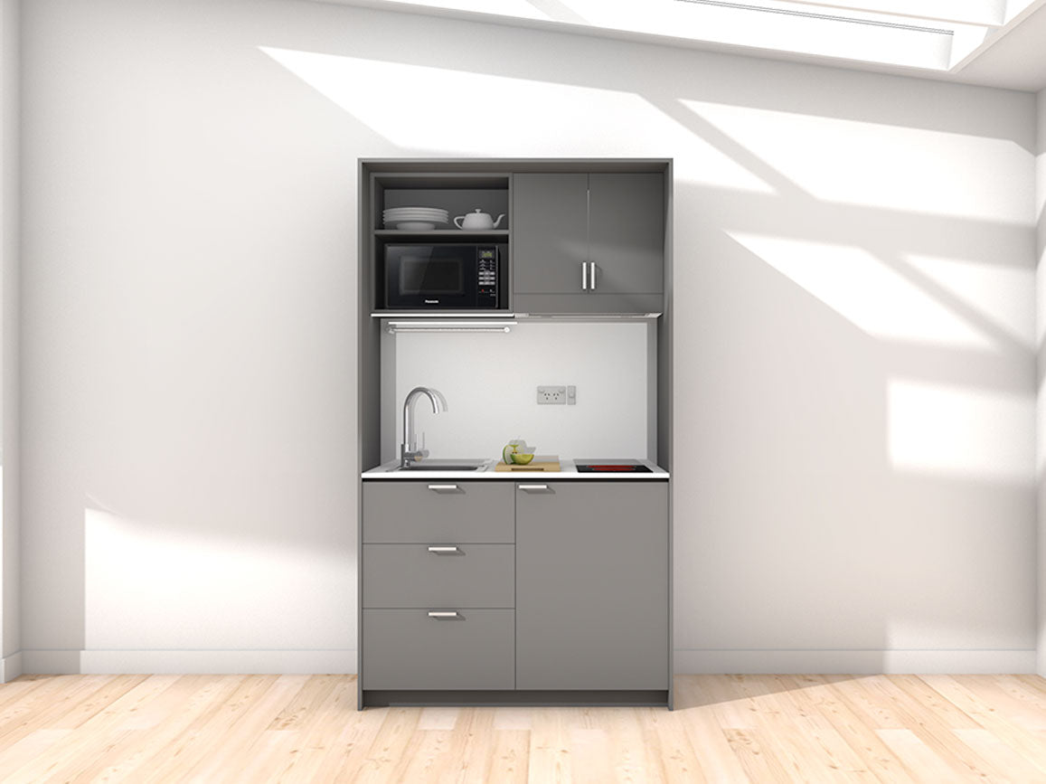 Blair - 1.2m Compact Wall Unit Kitchenette. Displayed with 'Anthracite' Cabinetry, 'Style White' Benchtop, and 'Whisper Grey' Splashback