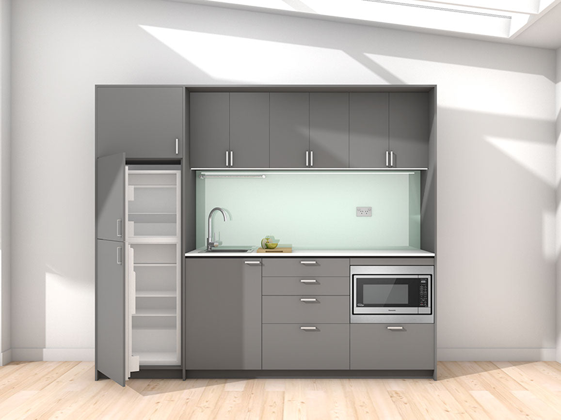 Aroha - 2.45m Extended Wall Unit Kitchenette. Displayed with 'Anthracite' Cabinetry, 'Style White' Benchtop, and 'Mint' Splashback