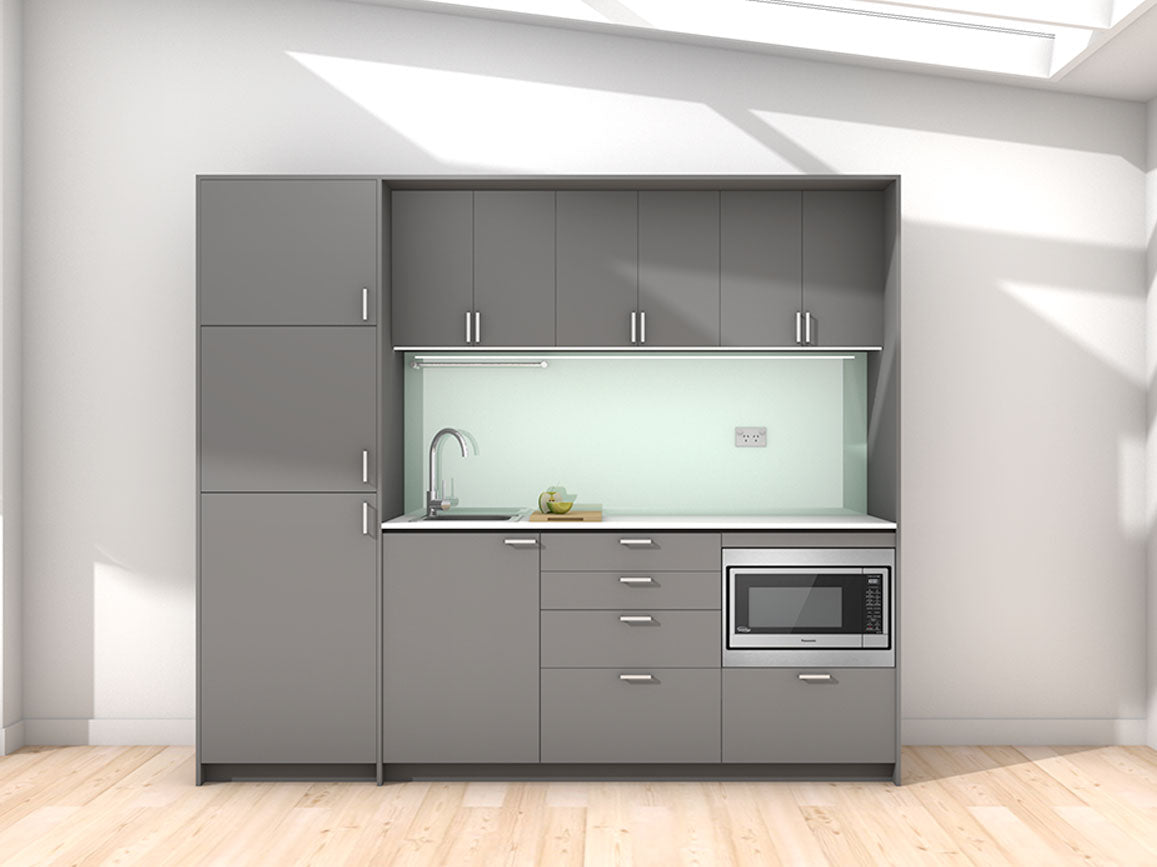 Aroha - 2.45m Extended Wall Unit Kitchenette. Displayed with 'Anthracite' Cabinetry, 'Style White' Benchtop, and 'Mint' Splashback