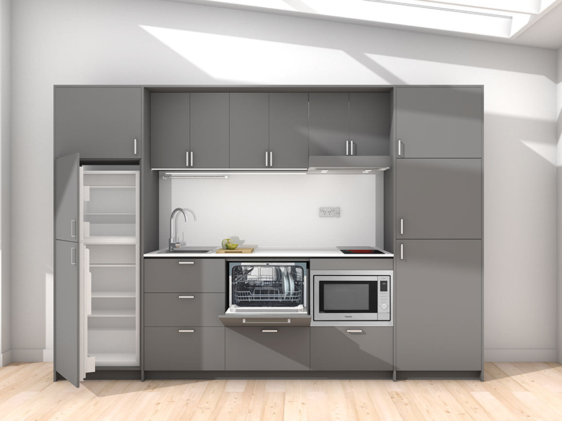 Koha - 2.45m Extended Wall Unit Kitchenette. Displayed with 'Anthracite' Cabinetry, 'Style White' Benchtop, and 'Sheer Bliss White' Splashback