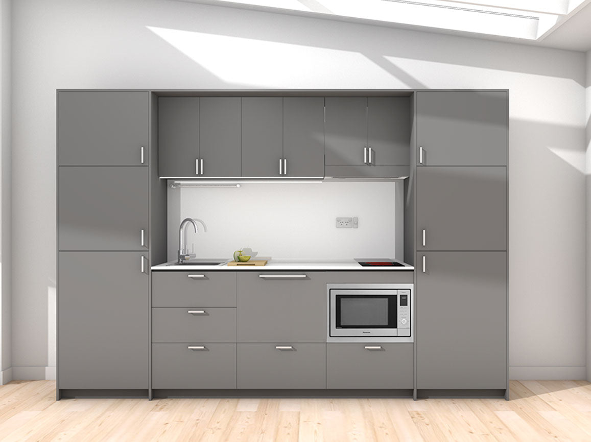 Koha - 2.45m Extended Wall Unit Kitchenette. Displayed with 'Anthracite' Cabinetry, 'Style White' Benchtop, and 'Sheer Bliss White' Splashback