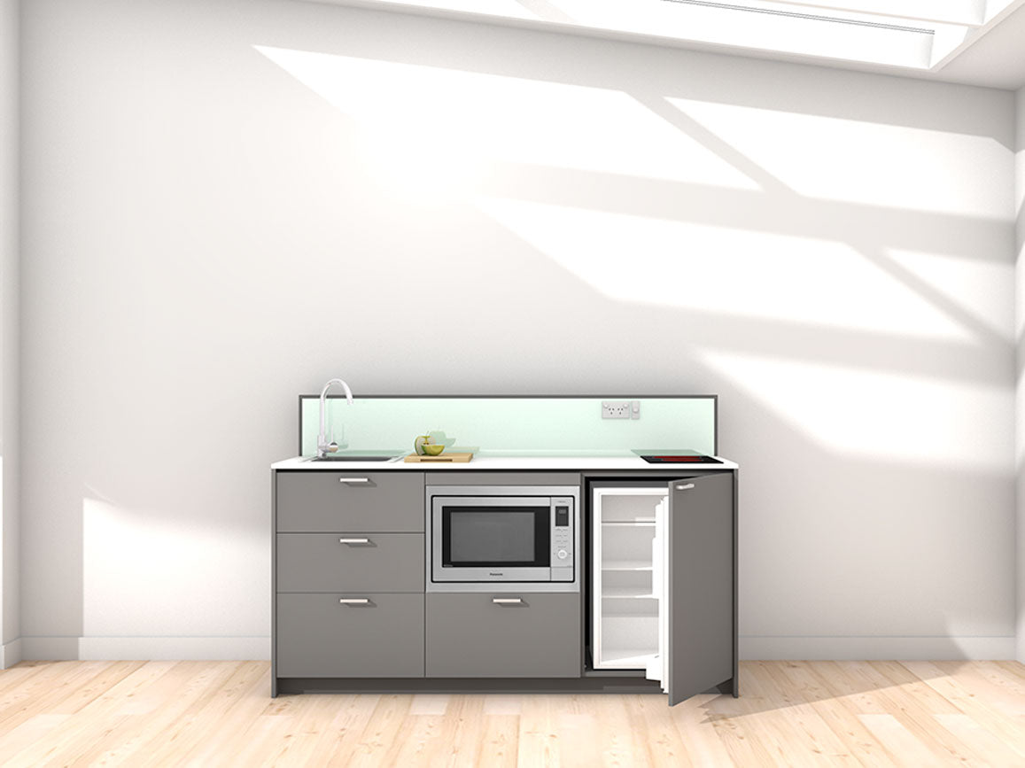 Seoul - 1.8m Regular Counter Unit Kitchenette. Displayed with 'Anthracite' Cabinetry, 'Style White' Benchtop, and 'Mint' Splashback