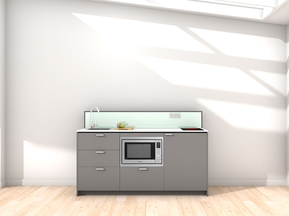 Seoul - 1.8m Regular Counter Unit Kitchenette. Displayed with 'Anthracite' Cabinetry, 'Style White' Benchtop, and 'Mint' Splashback