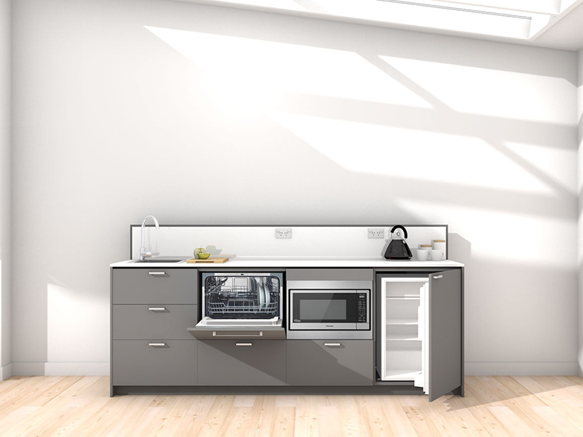 Awa - 2.4m Extended Counter Unit Kitchenette. Displayed with 'Anthracite' Cabinetry, 'Style White' Benchtop, and 'Sheer Bliss White' Splashback