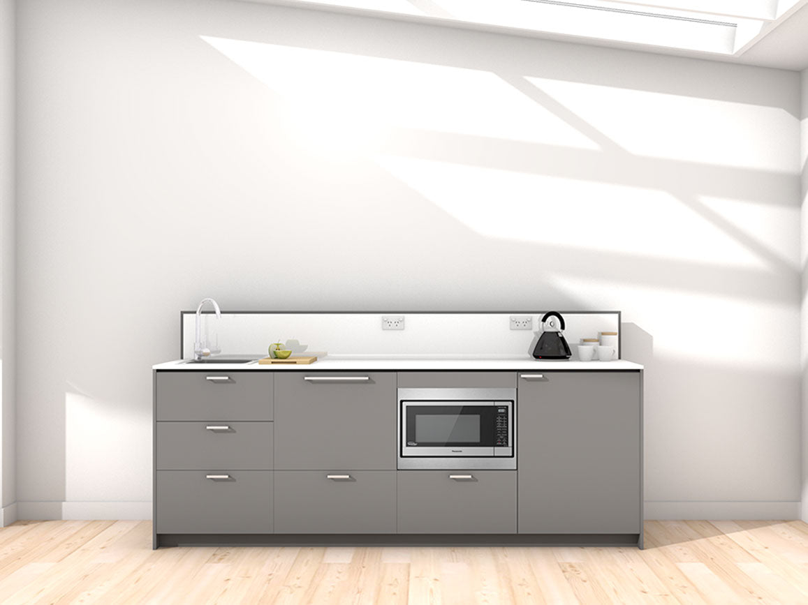 Awa - 2.4m Extended Counter Unit Kitchenette. Displayed with 'Anthracite' Cabinetry, 'Style White' Benchtop, and 'Sheer Bliss White' Splashback